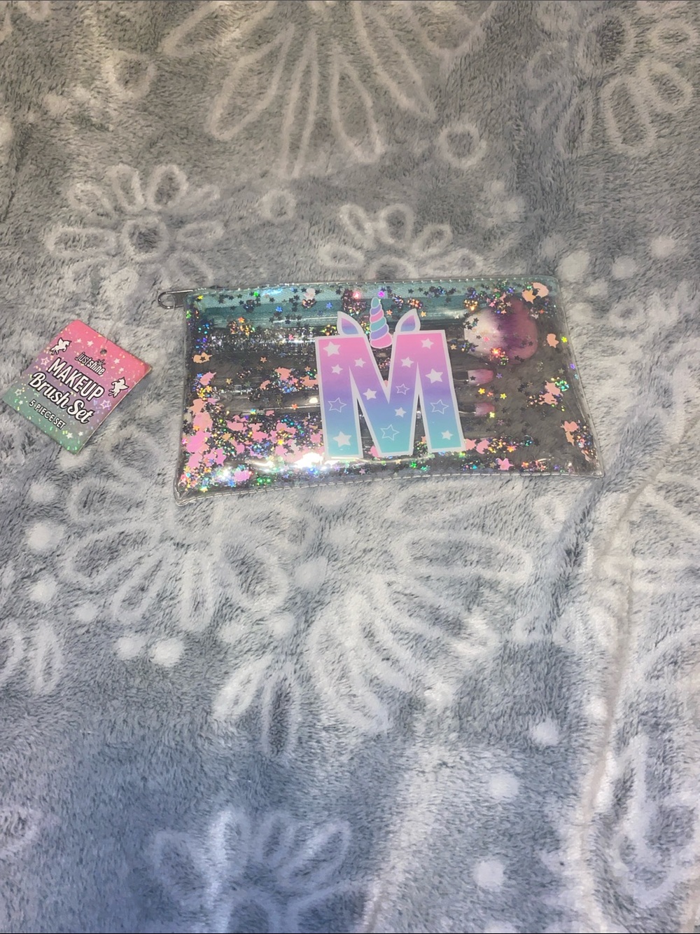 Justice Holographic Unicorn 'M' Pencil Case - Pink Aqua Purple